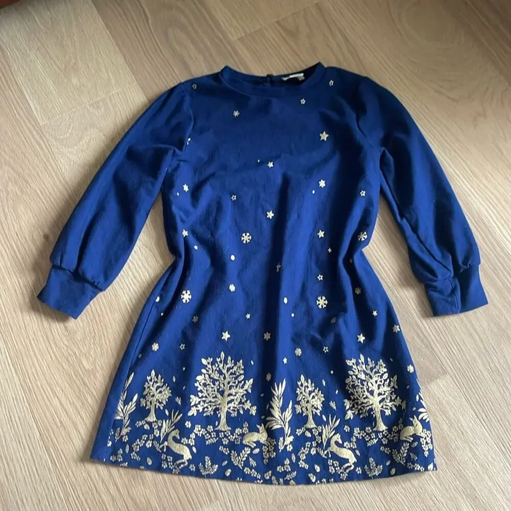 CREWCUTS Navy / Gold Forest Winter Scene Long Sleeve Dress Size XS 4/5